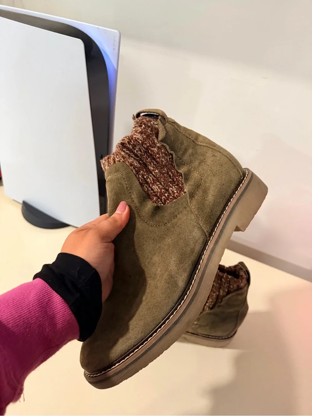 Comfortiva Olive Suede Ankle Bootie with Knit Cuff